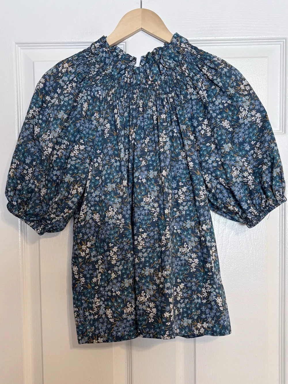 J. Crew Liberty Blue Floral Smocked Peasant Blouse in Sea Blossoms M